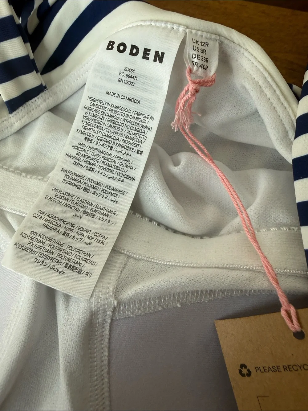 BODEN Women’s Clean Sweetheart Swimsuit Navy and Ivory Stripe Size 8R New - Picture 7 of 10